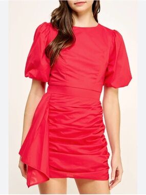 Red Puff-Sleeve Ruched Mini Dress with Side Drape